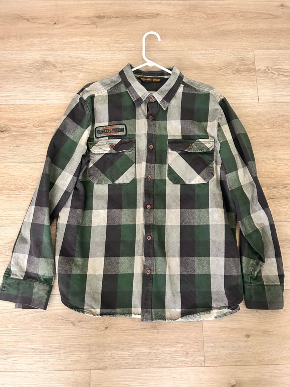 Harley-Davidson Green, Black & White Plaid Button-Down Shirt